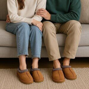 Kirkland Women 10 Suede Sheepskin Slip-on Shearling Slippers Embroidered Shoes